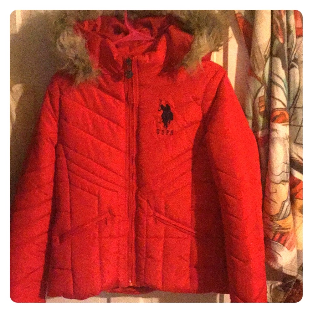 USPA red winter coat with removable hood.